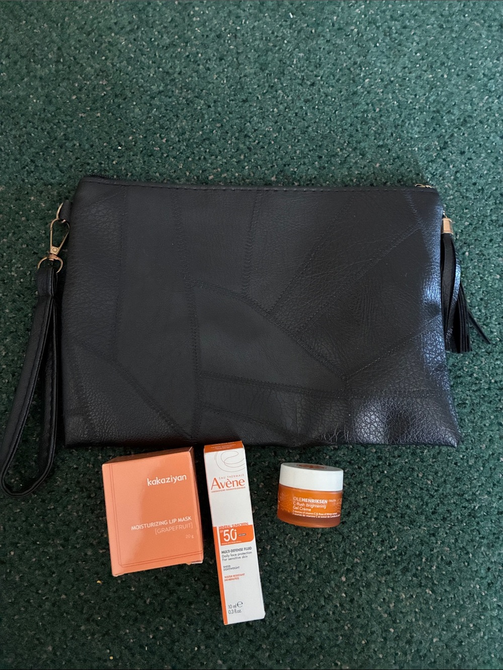 Black Leather Patchwork Wristlet Clutch 4pc Bundle